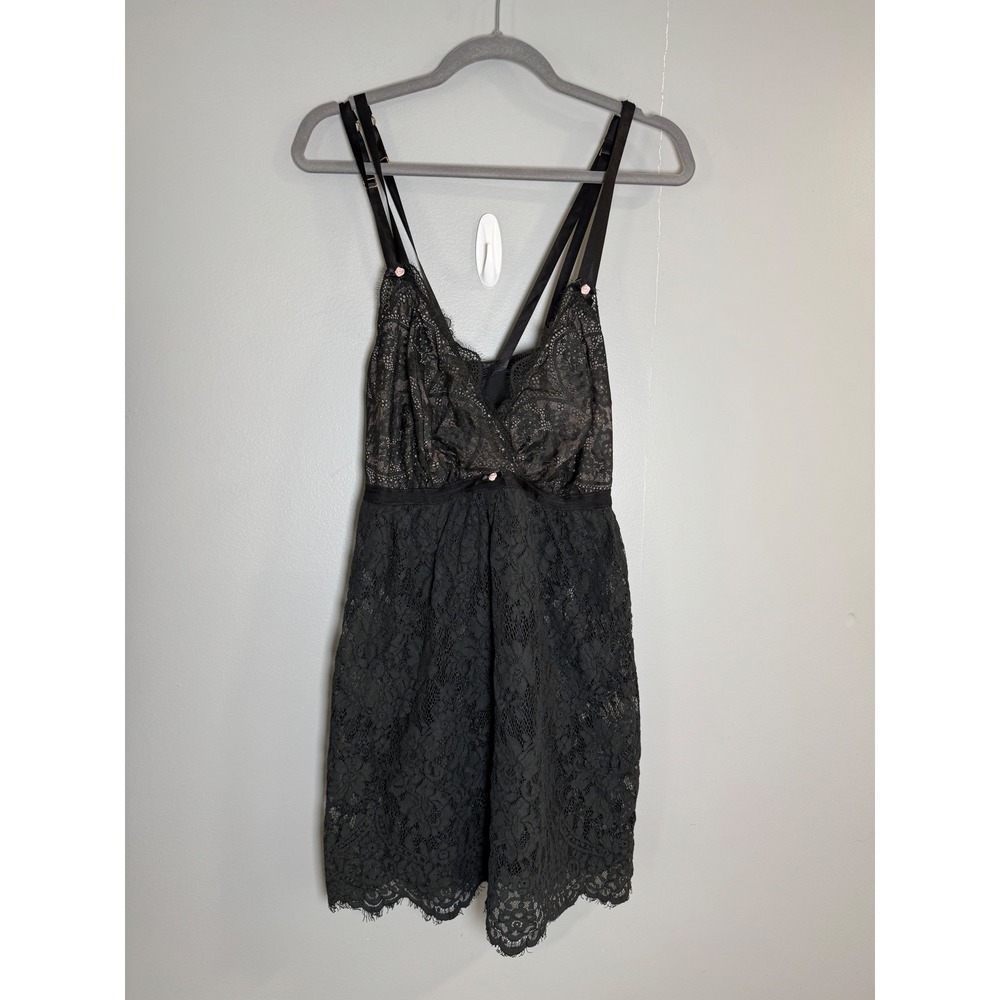 Cacique Black Floral Lace Babydoll Chemise‎ Lingerie Plus Size 22/24 Adjustable